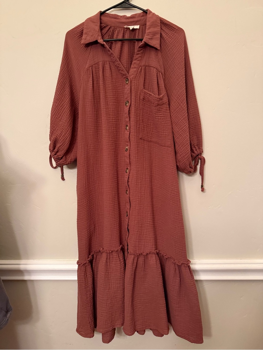 Easel Cotton Gauze Button Down Tiered Maxi Dress Size Medium Rust / Terracotta